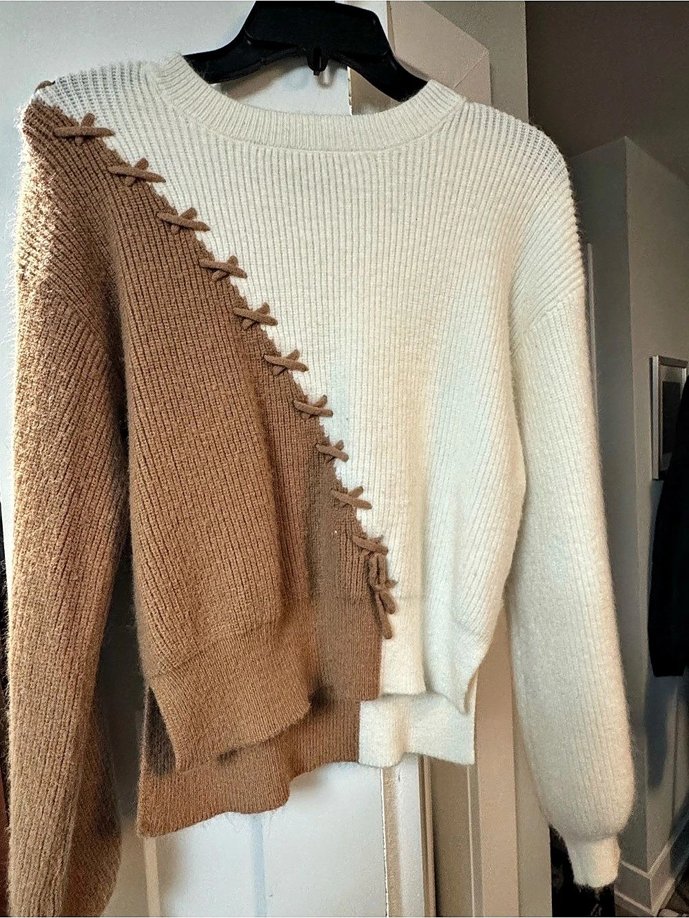 Color Block Crewneck Sweater in White & Brown Like New